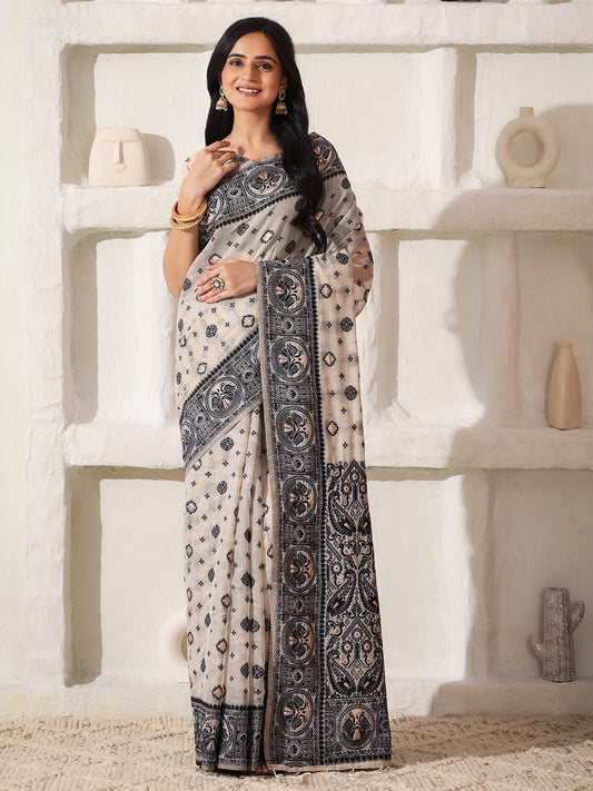 Astita Elegant Woven Linen Cotton Saree for Durga Puja & Diwali | Ethnic Motif Design with Rich Zari Border | Soft, Breathable, Festive-Ready Traditional Drape