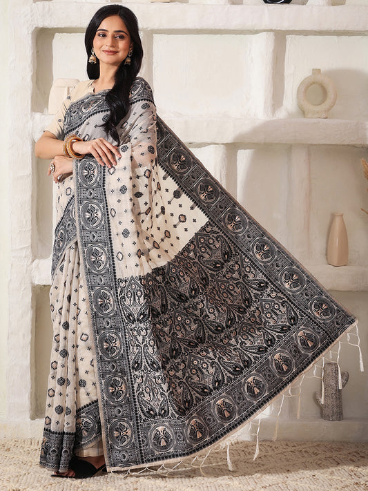 Astita Elegant Woven Linen Cotton Saree for Durga Puja & Diwali | Ethnic Motif Design with Rich Zari Border | Soft, Breathable, Festive-Ready Traditional Drape