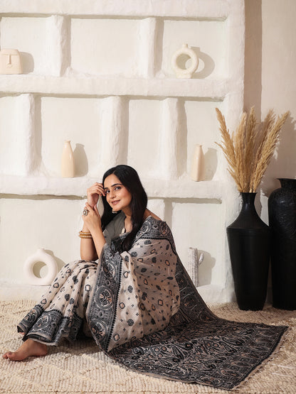 Astita Elegant Woven Linen Cotton Saree for Durga Puja & Diwali | Ethnic Motif Design with Rich Zari Border | Soft, Breathable, Festive-Ready Traditional Drape