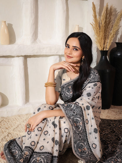 Astita Elegant Woven Linen Cotton Saree for Durga Puja & Diwali | Ethnic Motif Design with Rich Zari Border | Soft, Breathable, Festive-Ready Traditional Drape