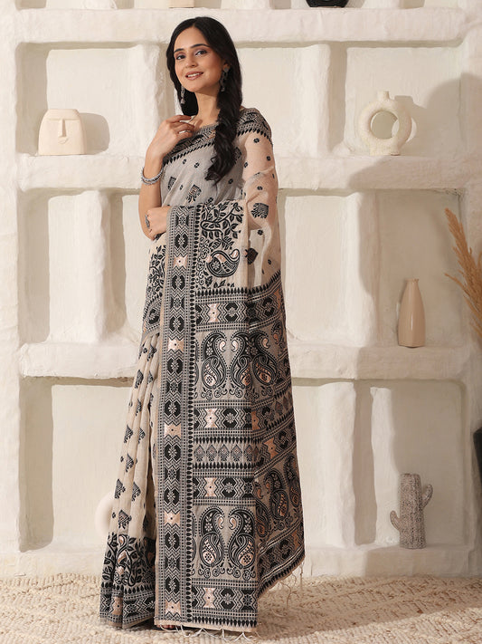 Astita Elegant Woven Linen Cotton Saree for Durga Puja & Diwali | Ethnic Motif Design with Rich Zari Border | Soft, Breathable, Festive-Ready Traditional Drape