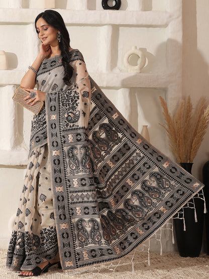 Astita Elegant Woven Linen Cotton Saree for Durga Puja & Diwali | Ethnic Motif Design with Rich Zari Border | Soft, Breathable, Festive-Ready Traditional Drape