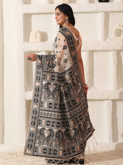 Astita Elegant Woven Linen Cotton Saree for Durga Puja & Diwali | Ethnic Motif Design with Rich Zari Border | Soft, Breathable, Festive-Ready Traditional Drape