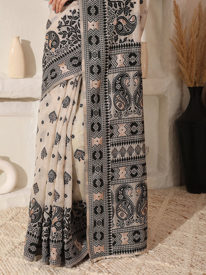Astita Elegant Woven Linen Cotton Saree for Durga Puja & Diwali | Ethnic Motif Design with Rich Zari Border | Soft, Breathable, Festive-Ready Traditional Drape