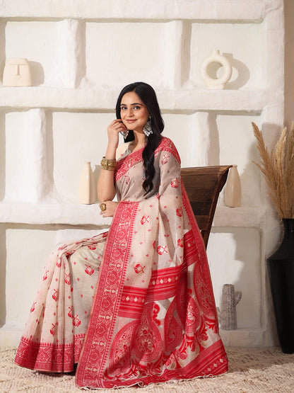 Astita Elegant Woven Linen Cotton Saree for Durga Puja & Diwali | Ethnic Motif Design with Rich Zari Border | Soft, Breathable, Festive-Ready Traditional Drape