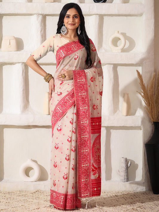 Astita Elegant Woven Linen Cotton Saree for Durga Puja & Diwali | Ethnic Motif Design with Rich Zari Border | Soft, Breathable, Festive-Ready Traditional Drape