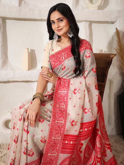 Astita Elegant Woven Linen Cotton Saree for Durga Puja & Diwali | Ethnic Motif Design with Rich Zari Border | Soft, Breathable, Festive-Ready Traditional Drape