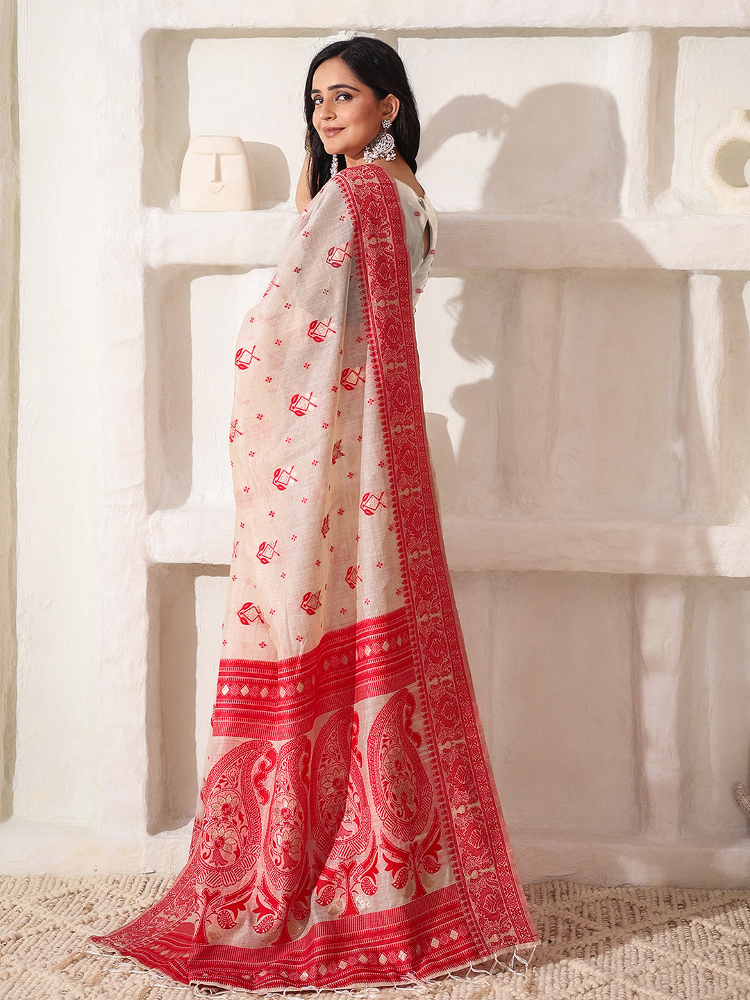 Astita Elegant Woven Linen Cotton Saree for Durga Puja & Diwali | Ethnic Motif Design with Rich Zari Border | Soft, Breathable, Festive-Ready Traditional Drape