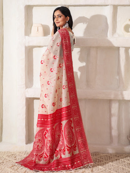 Astita Elegant Woven Linen Cotton Saree for Durga Puja & Diwali | Ethnic Motif Design with Rich Zari Border | Soft, Breathable, Festive-Ready Traditional Drape