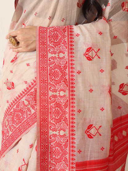 Astita Elegant Woven Linen Cotton Saree for Durga Puja & Diwali | Ethnic Motif Design with Rich Zari Border | Soft, Breathable, Festive-Ready Traditional Drape