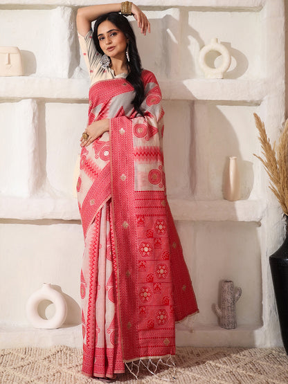 Astita Elegant Woven Linen Cotton Saree for Durga Puja & Diwali | Ethnic Motif Design with Rich Zari Border | Soft, Breathable, Festive-Ready Traditional Drape
