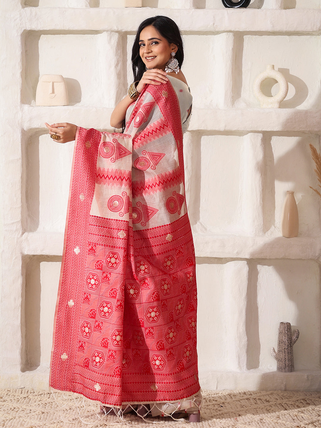 Astita Elegant Woven Linen Cotton Saree for Durga Puja & Diwali | Ethnic Motif Design with Rich Zari Border | Soft, Breathable, Festive-Ready Traditional Drape