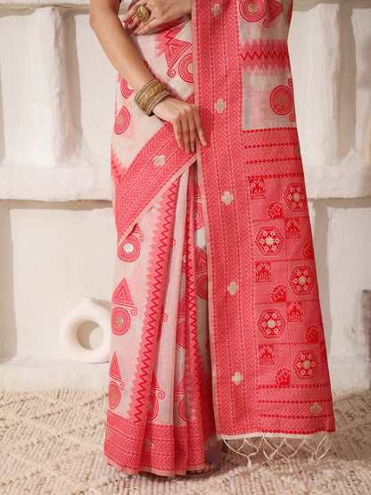 Astita Elegant Woven Linen Cotton Saree for Durga Puja & Diwali | Ethnic Motif Design with Rich Zari Border | Soft, Breathable, Festive-Ready Traditional Drape