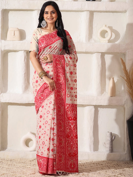 Astita Elegant Woven Linen Cotton Saree for Durga Puja & Diwali | Ethnic Motif Design with Rich Zari Border | Soft, Breathable, Festive-Ready Traditional Drape