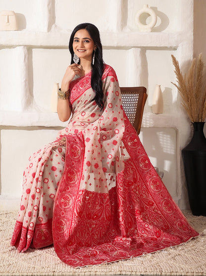 Astita Elegant Woven Linen Cotton Saree for Durga Puja & Diwali | Ethnic Motif Design with Rich Zari Border | Soft, Breathable, Festive-Ready Traditional Drape