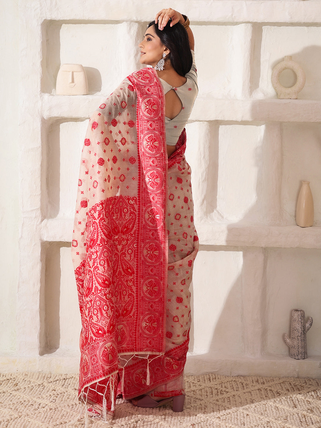 Astita Elegant Woven Linen Cotton Saree for Durga Puja & Diwali | Ethnic Motif Design with Rich Zari Border | Soft, Breathable, Festive-Ready Traditional Drape