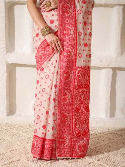 Astita Elegant Woven Linen Cotton Saree for Durga Puja & Diwali | Ethnic Motif Design with Rich Zari Border | Soft, Breathable, Festive-Ready Traditional Drape
