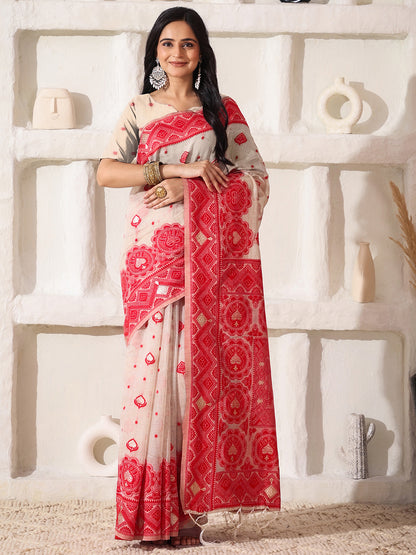 Astita Elegant Woven Linen Cotton Saree for Durga Puja & Diwali | Ethnic Motif Design with Rich Zari Border | Soft, Breathable, Festive-Ready Traditional Drape
