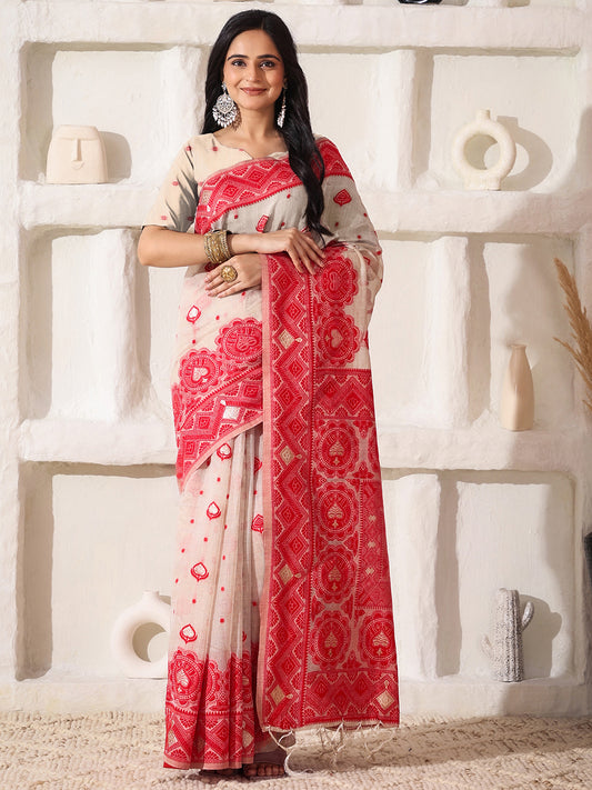 Astita Elegant Woven Linen Cotton Saree for Durga Puja & Diwali | Ethnic Motif Design with Rich Zari Border | Soft, Breathable, Festive-Ready Traditional Drape