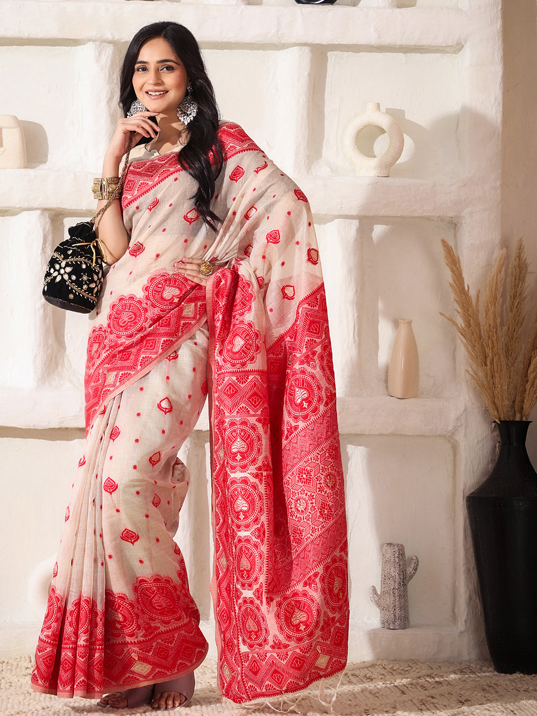 Astita Elegant Woven Linen Cotton Saree for Durga Puja & Diwali | Ethnic Motif Design with Rich Zari Border | Soft, Breathable, Festive-Ready Traditional Drape