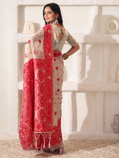 Astita Elegant Woven Linen Cotton Saree for Durga Puja & Diwali | Ethnic Motif Design with Rich Zari Border | Soft, Breathable, Festive-Ready Traditional Drape