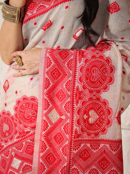 Astita Elegant Woven Linen Cotton Saree for Durga Puja & Diwali | Ethnic Motif Design with Rich Zari Border | Soft, Breathable, Festive-Ready Traditional Drape