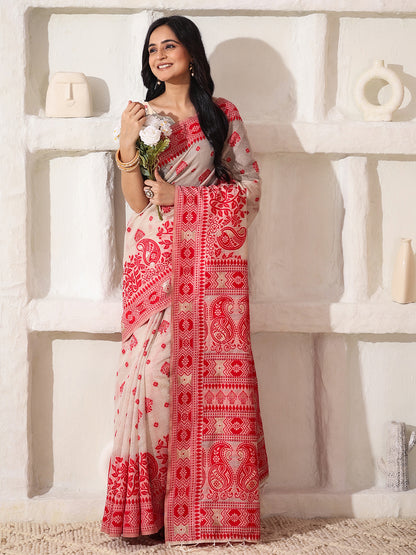 Astita Elegant Woven Linen Cotton Saree for Durga Puja & Diwali | Ethnic Motif Design with Rich Zari Border | Soft, Breathable, Festive-Ready Traditional Drape
