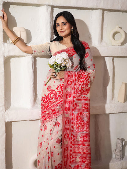 Astita Elegant Woven Linen Cotton Saree for Durga Puja & Diwali | Ethnic Motif Design with Rich Zari Border | Soft, Breathable, Festive-Ready Traditional Drape