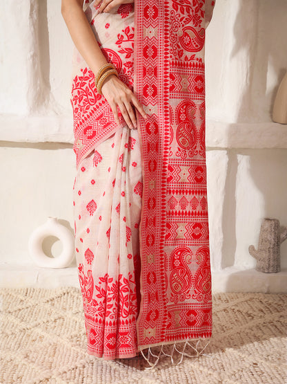 Astita Elegant Woven Linen Cotton Saree for Durga Puja & Diwali | Ethnic Motif Design with Rich Zari Border | Soft, Breathable, Festive-Ready Traditional Drape