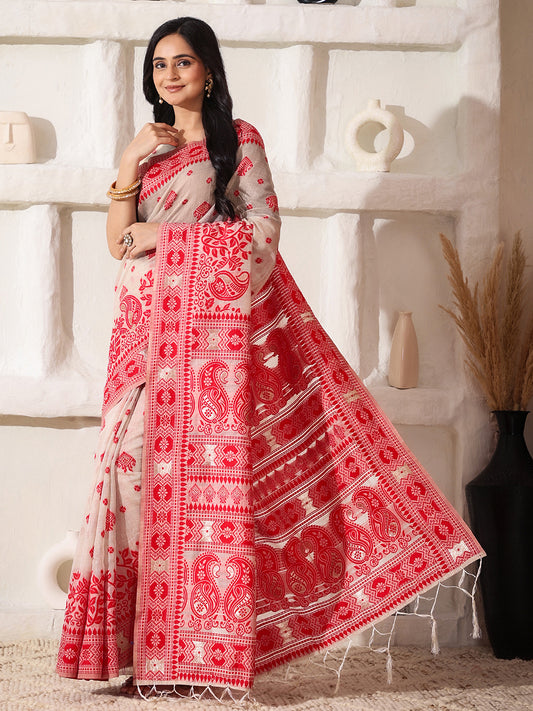 Astita Elegant Woven Linen Cotton Saree for Durga Puja & Diwali | Ethnic Motif Design with Rich Zari Border | Soft, Breathable, Festive-Ready Traditional Drape