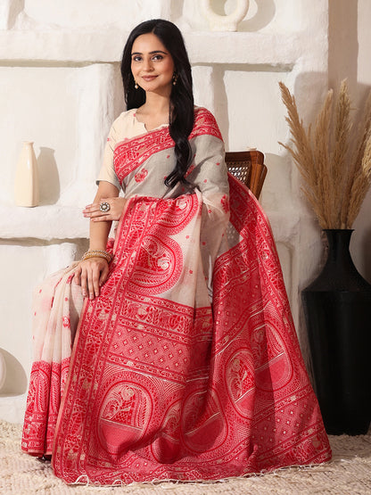 Astita Elegant Woven Linen Cotton Saree for Durga Puja & Diwali | Ethnic Motif Design with Rich Zari Border | Soft, Breathable, Festive-Ready Traditional Drape