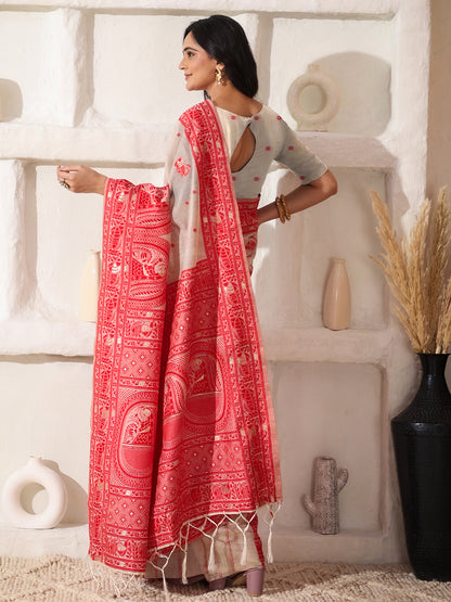 Astita Elegant Woven Linen Cotton Saree for Durga Puja & Diwali | Ethnic Motif Design with Rich Zari Border | Soft, Breathable, Festive-Ready Traditional Drape