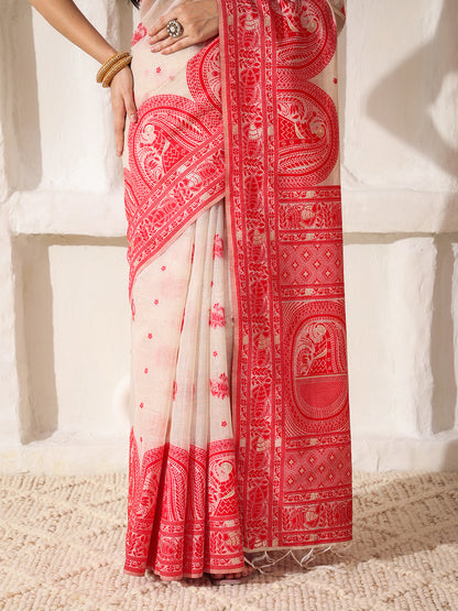 Astita Elegant Woven Linen Cotton Saree for Durga Puja & Diwali | Ethnic Motif Design with Rich Zari Border | Soft, Breathable, Festive-Ready Traditional Drape
