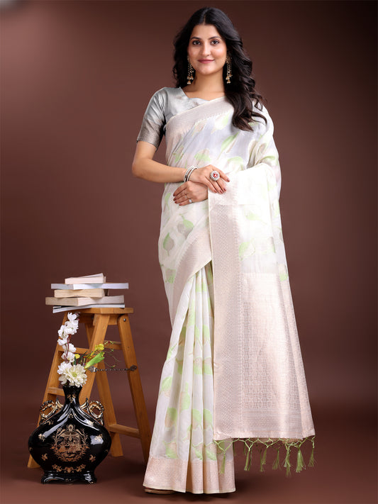 Astita Elegant White & Light Green Leaf Print Cotton Saree for Women with Zari Border & Tassels – Soft & Lightweight Daily Wear Saree