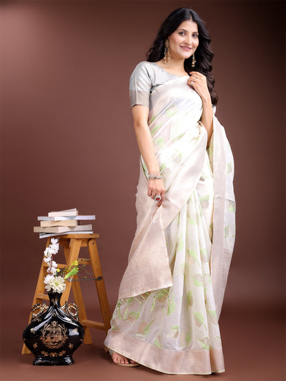 Astita Elegant White & Light Green Leaf Print Cotton Saree for Women with Zari Border & Tassels – Soft & Lightweight Daily Wear Saree