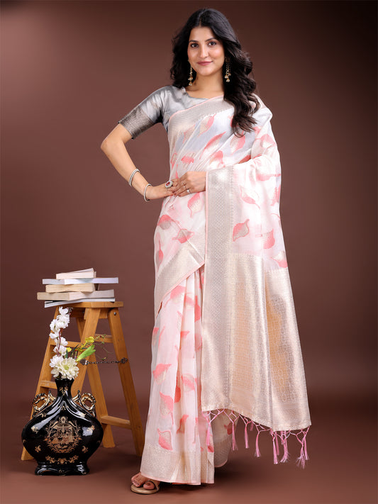 Astita Elegant White & Pink Leaf Print Cotton Saree for Women with Zari Border & Tassels – Soft & Lightweight Daily Wear Saree