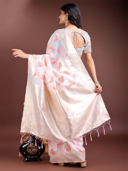 Astita Elegant White & Pink Leaf Print Cotton Saree for Women with Zari Border & Tassels – Soft & Lightweight Daily Wear Saree