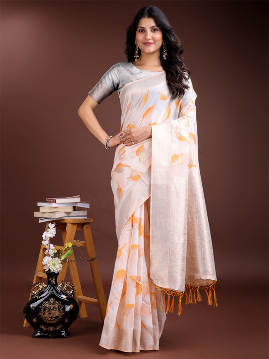 Astita Elegant White & Orange Leaf Print Cotton Saree for Women with Zari Border & Tassels – Soft & Lightweight Daily Wear Saree