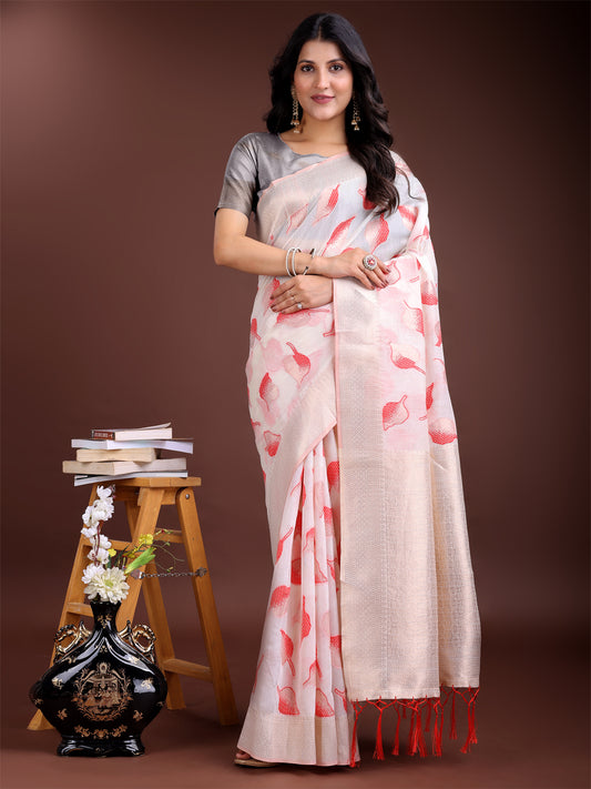 Astita Elegant White & Red Leaf Print Cotton Saree for Women with Zari Border & Tassels – Soft & Lightweight Daily Wear Saree