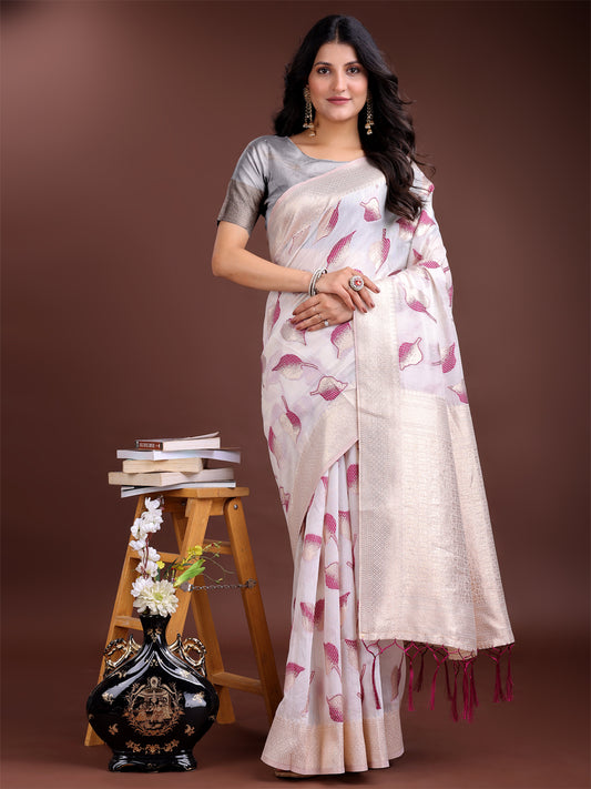 Astita Elegant White & Purple Leaf Print Cotton Saree for Women with Zari Border & Tassels – Soft & Lightweight Daily Wear Saree