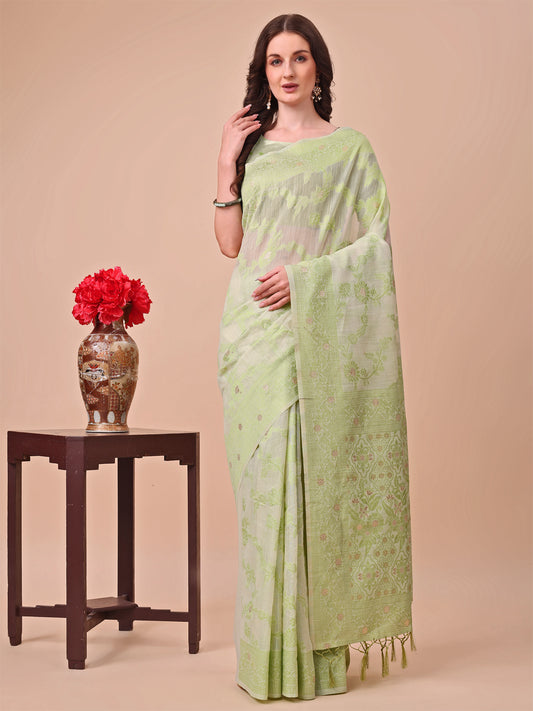 Beige & Light Green Banarasi Cotton Saree with Floral Zari Work and Traditional Pallu