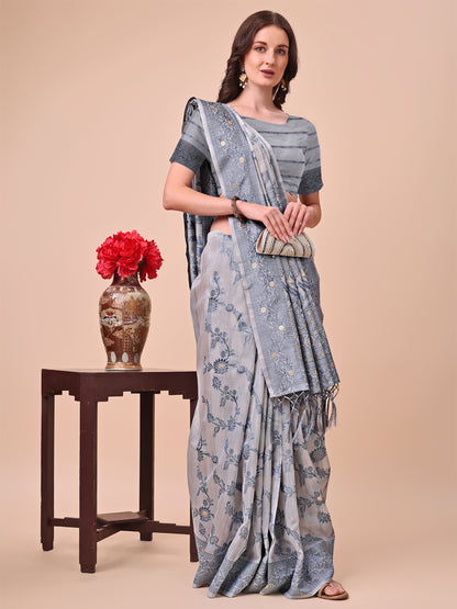 Beige & Grey Banarasi Cotton Saree with Floral Zari Work and Traditional Pallu