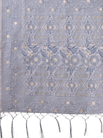 Beige & Grey Banarasi Cotton Saree with Floral Zari Work and Traditional Pallu