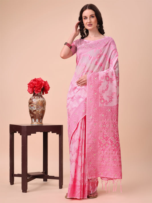 Beige & Pink Banarasi Cotton Saree with Floral Zari Work and Traditional Pallu