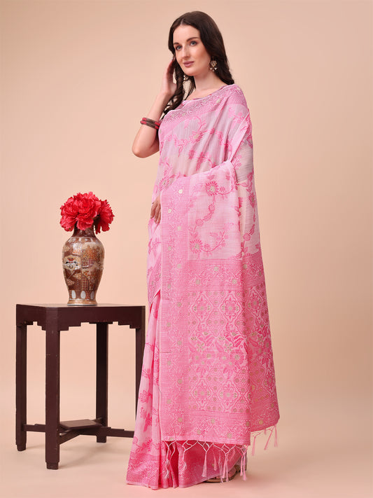 Beige & Pink Banarasi Cotton Saree with Floral Zari Work and Traditional Pallu