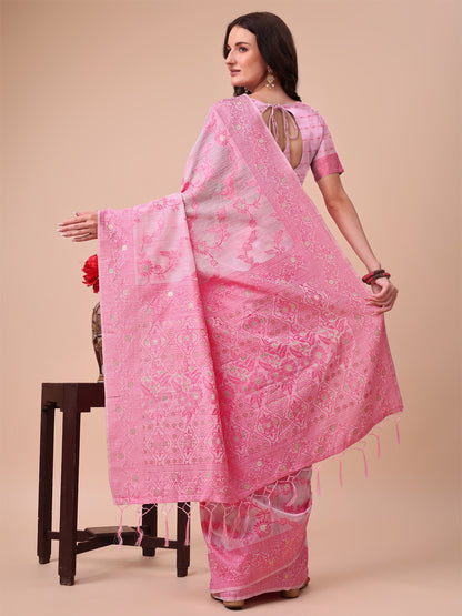 Beige & Pink Banarasi Cotton Saree with Floral Zari Work and Traditional Pallu