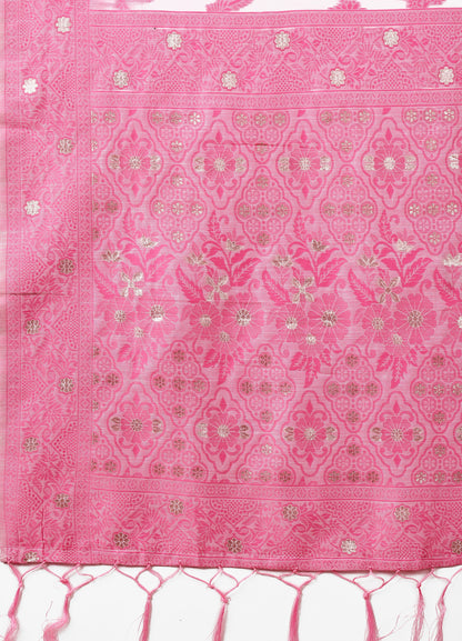 Beige & Pink Banarasi Cotton Saree with Floral Zari Work and Traditional Pallu