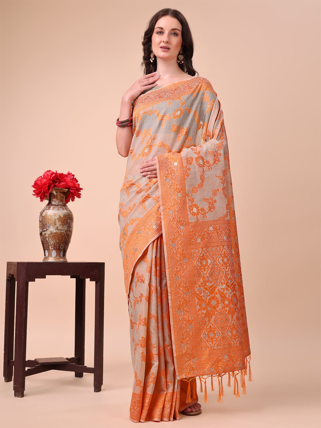 Beige & Orange Banarasi Cotton Saree with Floral Zari Work and Traditional Pallu
