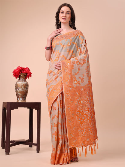 Beige & Orange Banarasi Cotton Saree with Floral Zari Work and Traditional Pallu