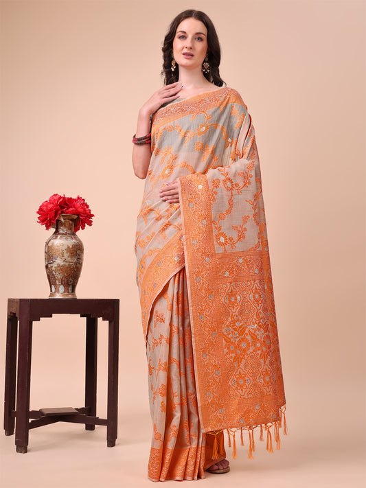 Beige & Orange Banarasi Cotton Saree with Floral Zari Work and Traditional Pallu